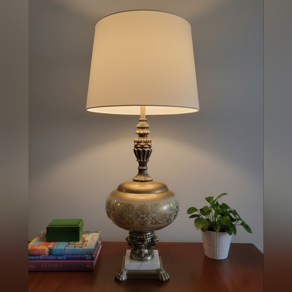 Large Vintage Hollywood Regency Table Lamp | Gold Gilt Glass & Marble Base | 30"